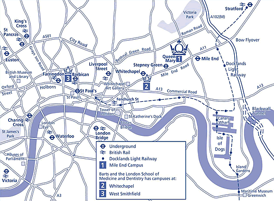 London map showing QMUL campuses