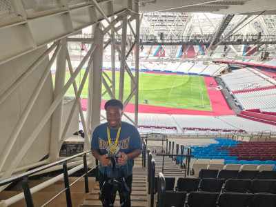 click/tap to enlarge this image... Joshua at the London Stadium Solar Roof Project. Photo thanks to Gary Kristensen MBE