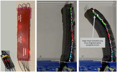 Optical waveguide bending sensor: (left) Three optical waveguides embedded in soft silicone substrate forming bending sensor; (middle) Soft robot finger with integrated waveguide sensor in straight position; (right) Soft robot finger in bent position - shape estimated using the bending sensor with its three embedded waveguides.