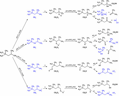 One radical chain mechanism from a previous work of our group. From this mechanism, rate laws follow, and selectivity factors. Your job will be to figure out a mechanism of that sort for the impurities in the carbon dioxide streams.