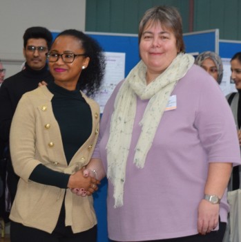 Fatou being congratulated by Dr Carolyn Small from Arconic, who is the Chair of the Materials Division Industrial Advisory Board.