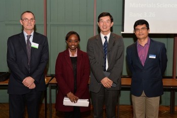 Ms Ololade Opemipo Obadina receiving her prize from Professor Wen Wang, sponsor Martyn Bennett from ARTIIS and Dr Hasan Shaheed.