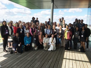 Launch event group photo on Graduate Centre terrace at QMUL