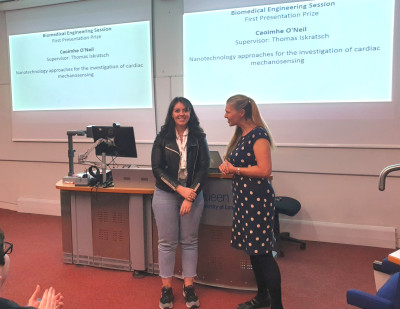 click/tap to enlarge this image... Presentation 1st prize (Biomedical Engineering) to Caiomhe O’Neil, presented by Prof. Hazel Screen (Head of School)