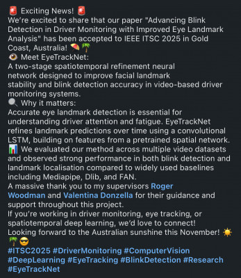 click/tap to enlarge this image... Excited post by Anima related to her accepted paper to ITSC!
