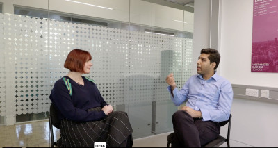 Dr Rehan Shah in conversation with public engagement officer, Ms Emily Boldry