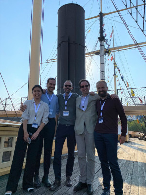 click/tap to enlarge this image... Five former and current members of the soft matter group attending EuroEAP on the SS Great Britain in Bristol in advance of the conference dinner. (From left to right: Yutong Sun, Giacomo Sasso, Federico Carpi, James Busfield and Gabriele Frediani)