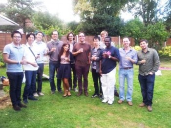 Sam (third right) with members of the Soft Matter Group celebrating after his viva.