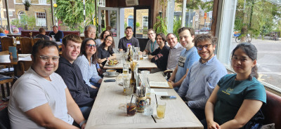 click/tap to enlarge this image... Evangelos (5th right) out with several of the QMUL Soft Matter Group celebrating his PhD completion