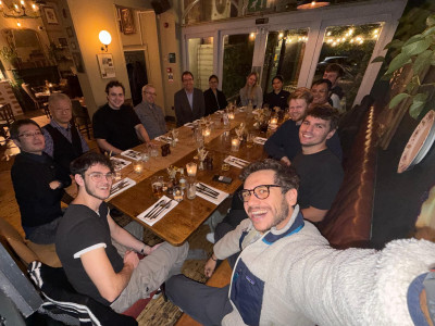 click/tap to enlarge this image... Dr Aaron Duncan celebrating the completion of his PhD journey with other members of the Soft Matter Group in teh Morgan Arms