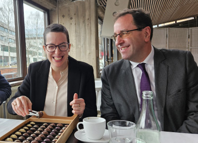 Maria del Mar celebrating her success with James after the examination.