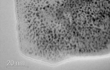 Transmission Electron Micrograph of graphene decorated with platinum nanoparticles. The dark spots are the platinum nanoparticles and the grey sheet they lie on is the graphene support material. Credit: Patrick Cullen / Gyen Ming Angel