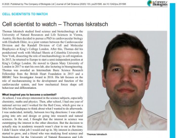 Thomas Iskratsch in the Journal of Cell Science as a 'Cell Scientist to Watch'