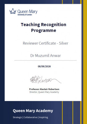 Dr Muzumil Anwar Receives Silver Reviewer Certificate for Teaching Recognition …