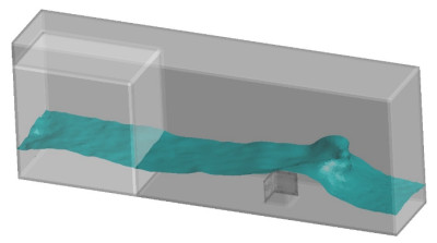 A simulation of a model of a dam breach with a structure downstream of the dam