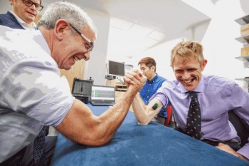 Professors Dan Bader and Martin Knight were attendees at the IRC celebration day, testing their muscle activation at a Laboratory demonstration in the Human performance laboratory. Prof Bader (with the better biceps) was my PhD supervisor!