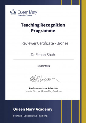 Reviewer and mentoring certificate awarded to Dr Shah