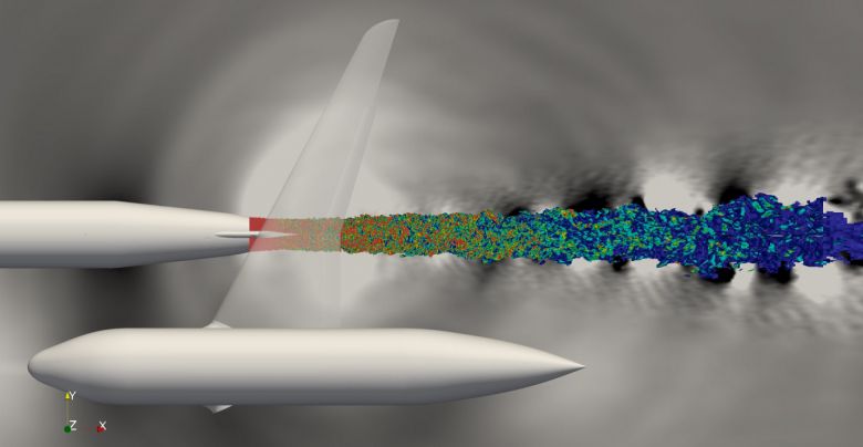 GPU-LES of flow around a jet engine installed under a wing and a fuselage body at a take-off regime: vorticity field is shown inside the jet, while the surface shows pressure distribution just outside the jet hydrodynamic field.