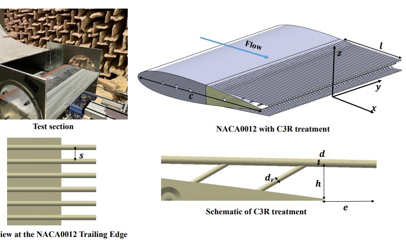 Test section and schematic of a NACA0012 aerofoil trailing edge with canopies