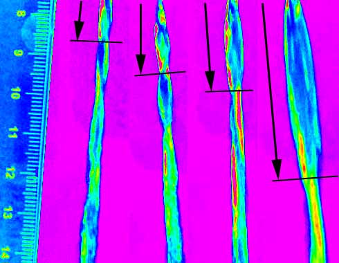 Characteristic shape of the urine stream as it leaves the urethra. Different flow rates have a different shape.