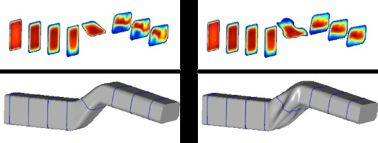 Contour plots of velocity magnitude for the initial (left) and optimised duct (right).