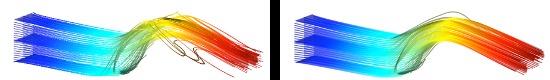 Streamlines in initial (left) and optimised duct (right).