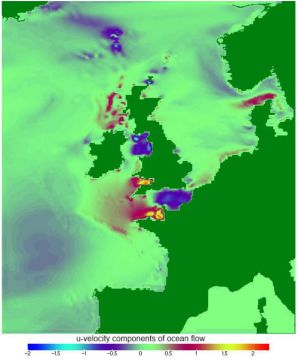 Simulation results of the North Atlantic region of Europe with the NEMO ocean modelling code. The flowfield corresponds to sea surface velocity and grid resolution is 12km. 
