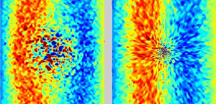 Multi-scale stochatsic Navier-Stokes simulation of ultrasonic acoutsic wave passing through a spot of thermal fluctuations. Left: space-time zoom into the fluctuation area, right: full computational domain.