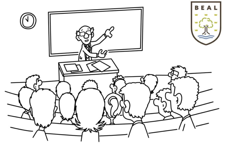 Cartoon of Sir Harry talking in a classroom at Beal School Ilford. 